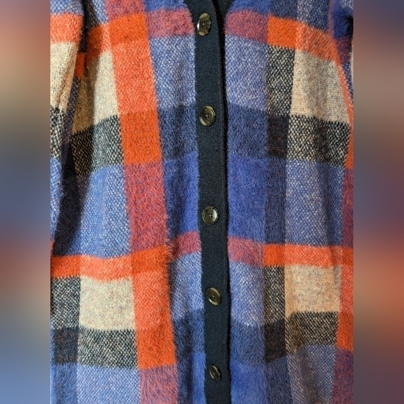 Ann Taylor Blue Orange Plaid Longline Button-Up Oversized Boyfriend Cardigan - Picture 10 of 13